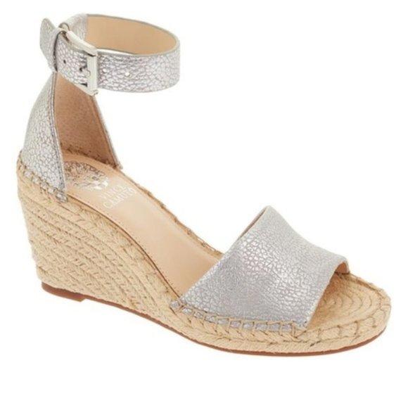 Vince Camuto Shoes - Vince Camuto Leera Metallic Silver Leather Wedge Espadrille Sandal Size 9